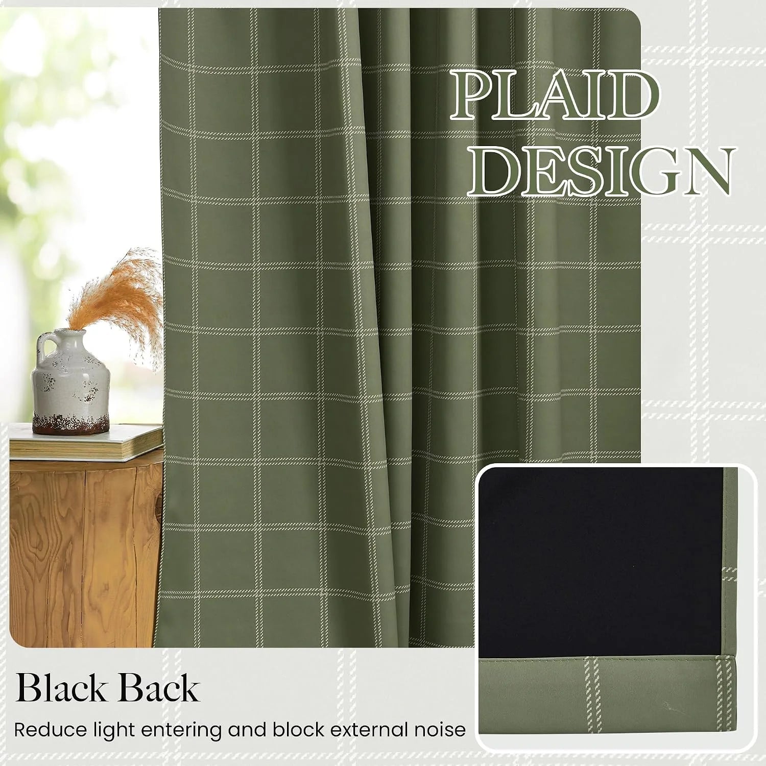 Sage green plaid blackout curtains with black backing beside a wooden side table