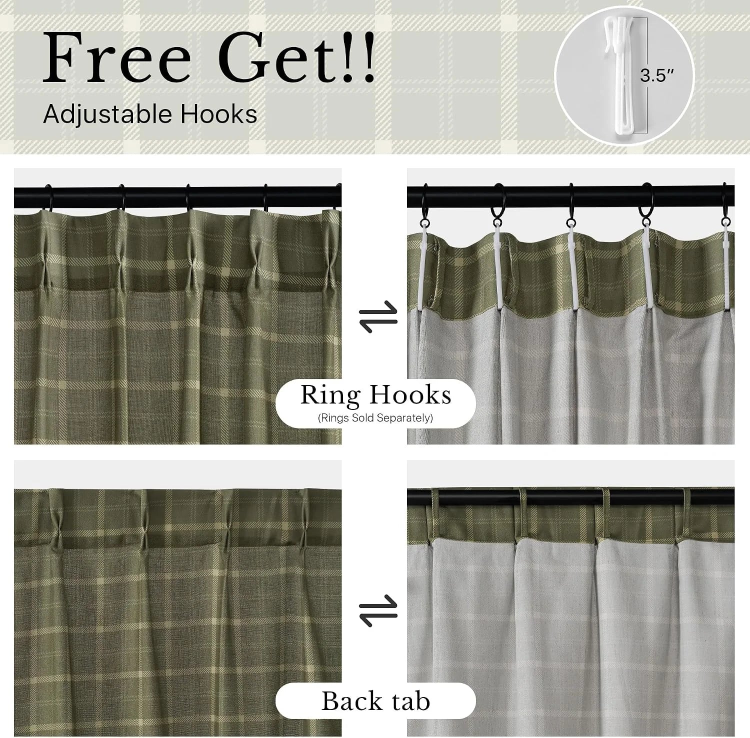 Sage green plaid curtain panel shown with adjustable hooks, ring hooks, and back tab header