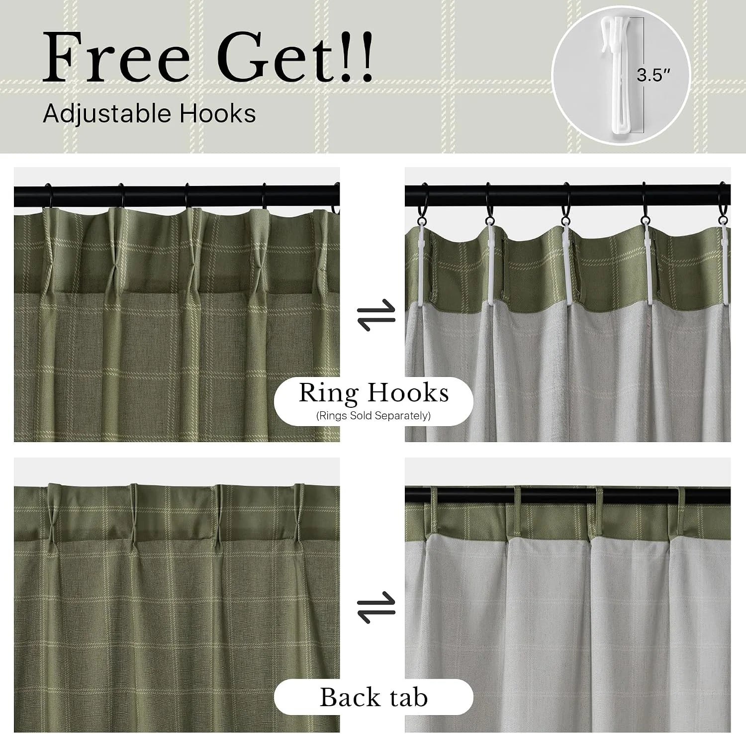 Sage plaid curtain panel showing adjustable hooks, ring hook and back tab hanging styles