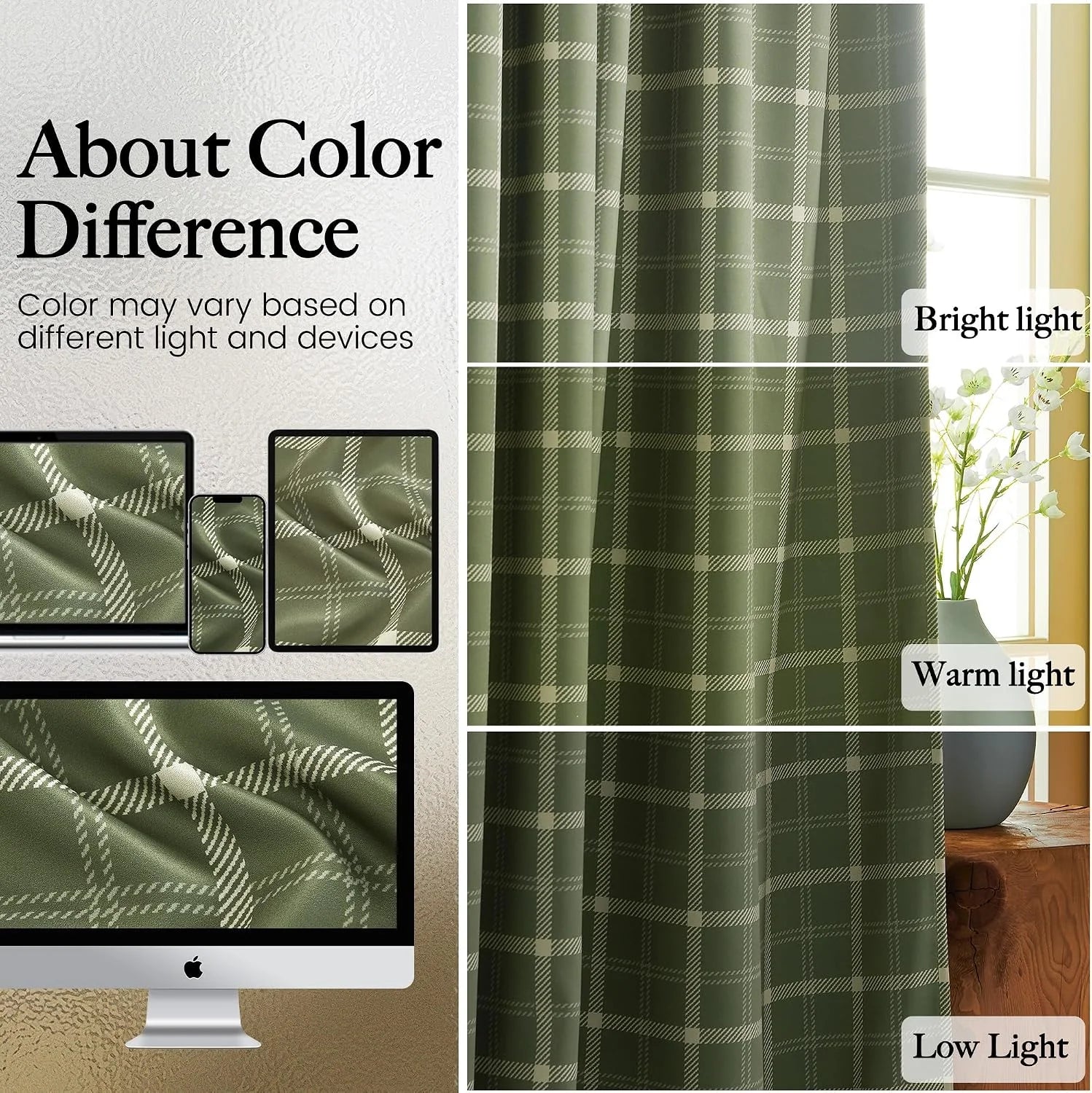 Sage green plaid curtain shown in bright, warm, and low light with device color variation