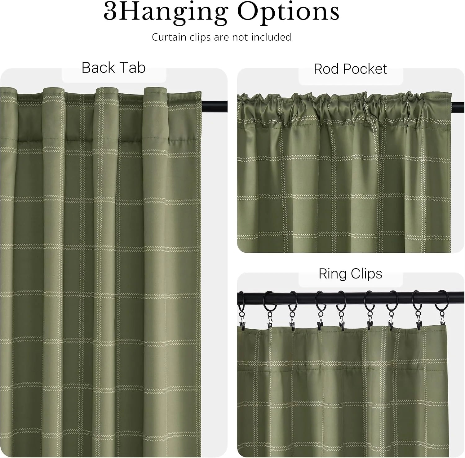 Sage green plaid curtain panel showing back tab, rod pocket, and ring clip hanging styles