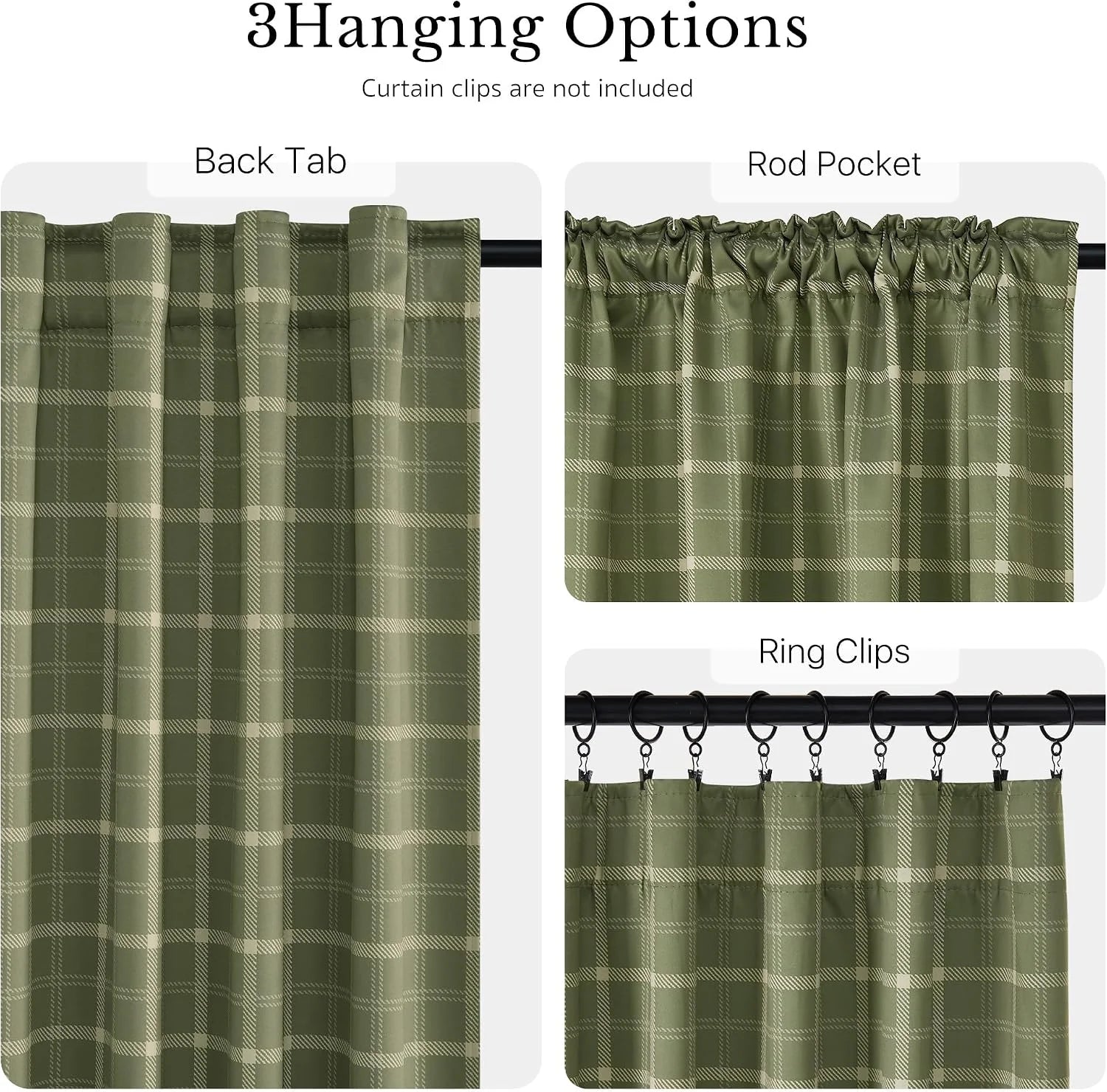 Sage green plaid curtain panel showing back tab, rod pocket, and ring clip hanging styles