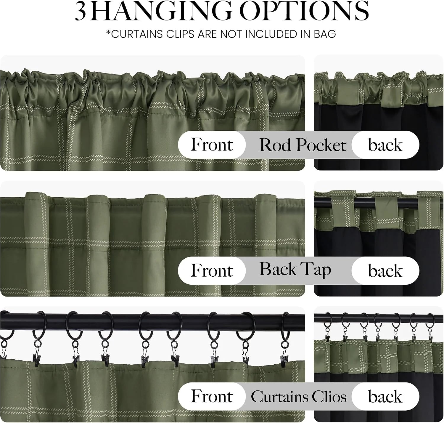 Sage green plaid curtain panel showing rod pocket, back tab, and clip hanging styles