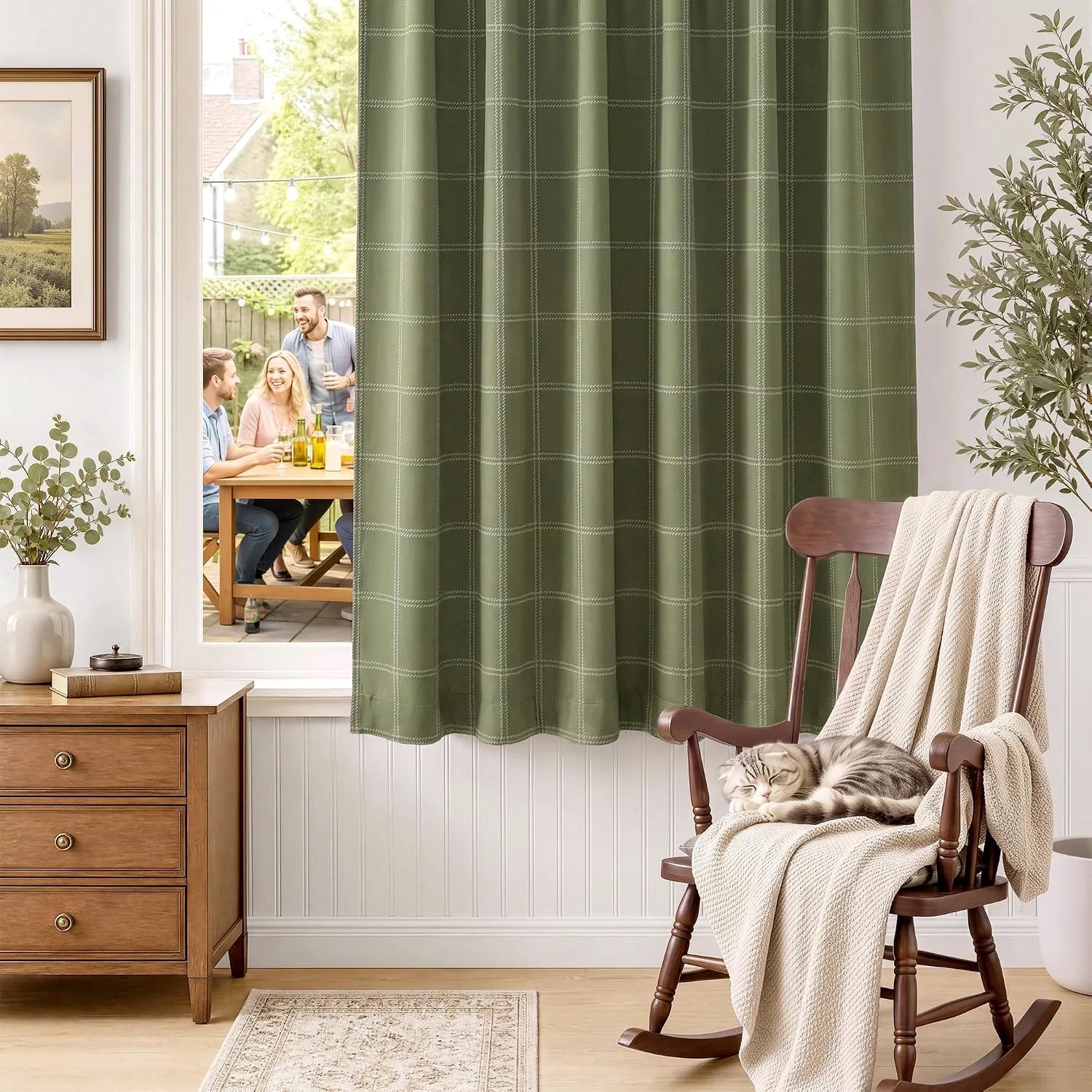 Sage green plaid curtain in a cozy farmhouse room beside a wooden rocking chair