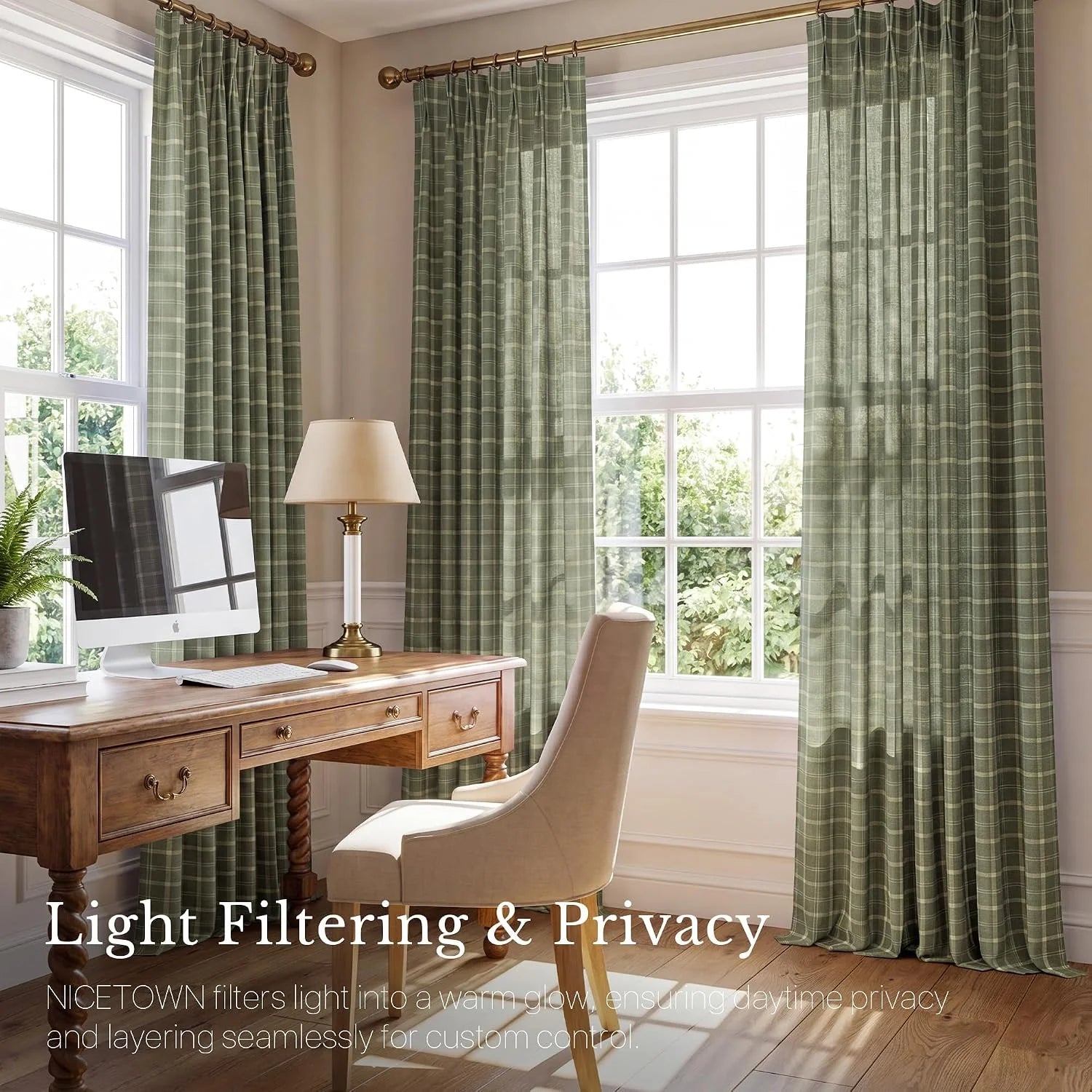Sage green plaid light-filtering curtains in a traditional home office with wood desk