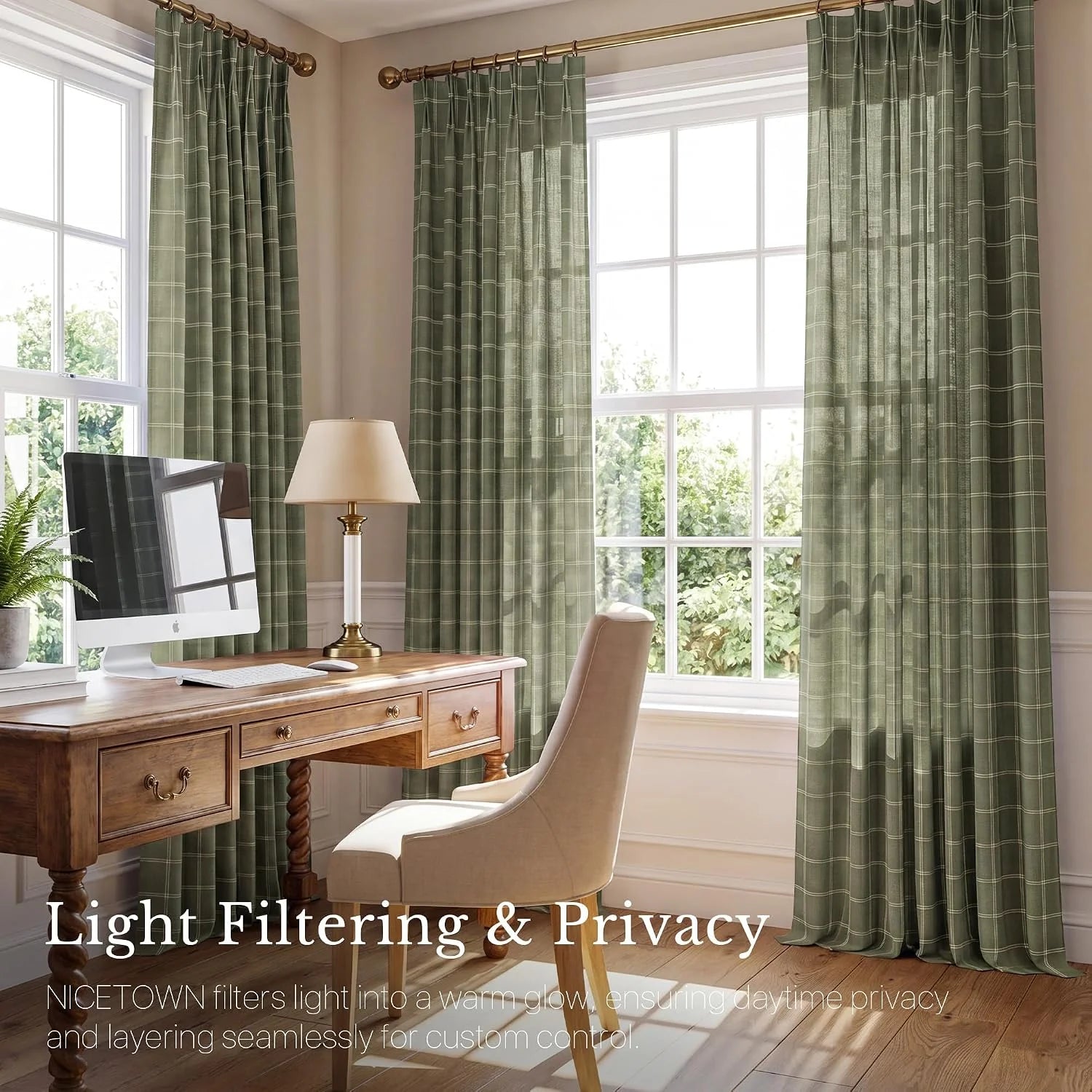 Sage green plaid light filtering curtains in a bright home office with wooden desk