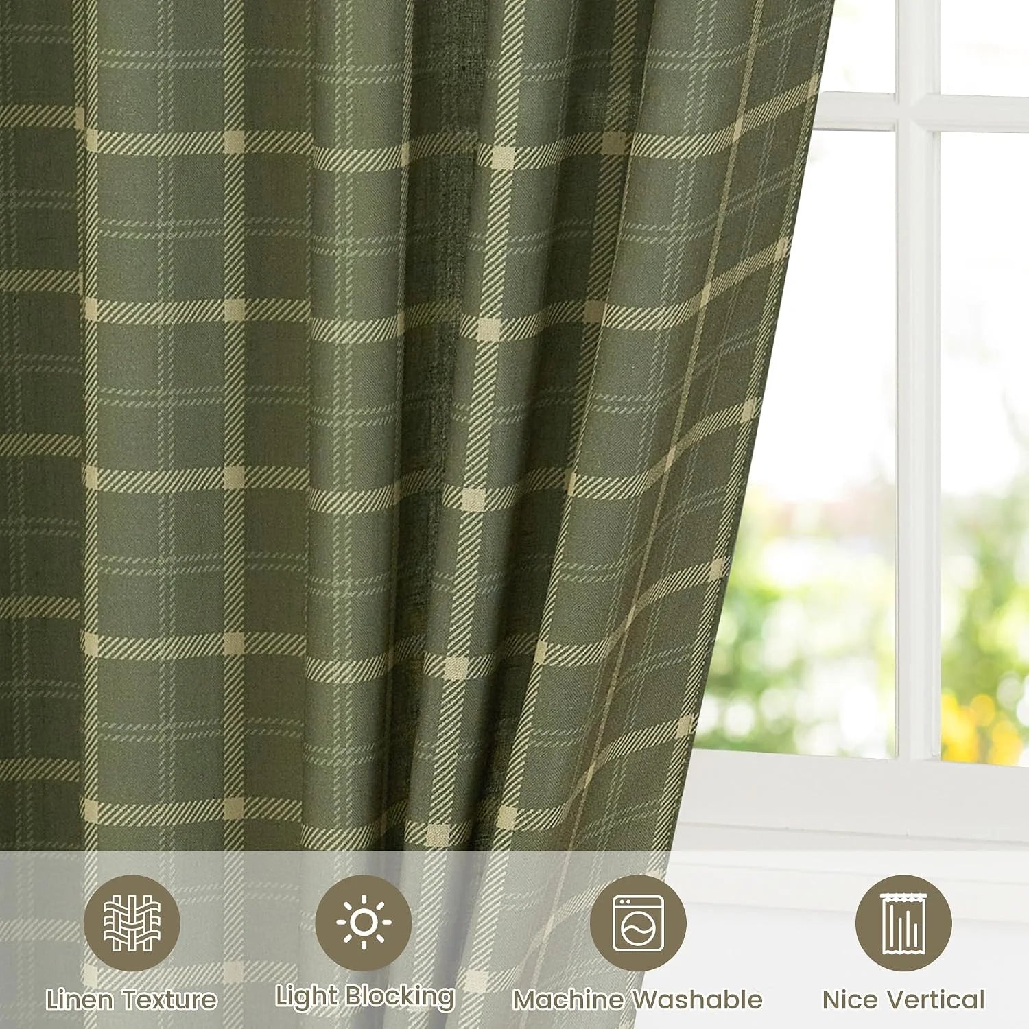 Sage green plaid curtain with linen texture hanging by a bright white window