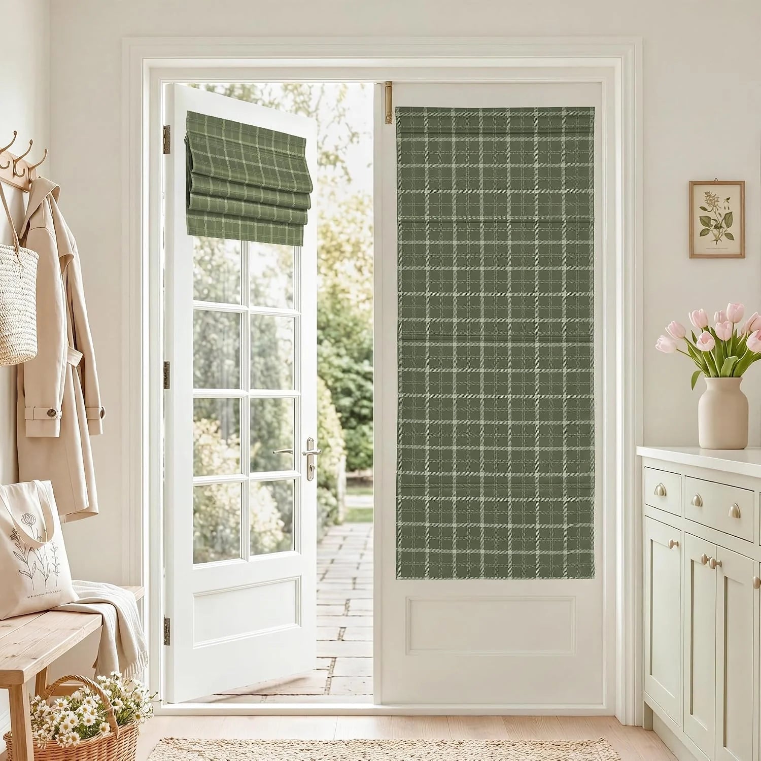 Sage green plaid Roman shade on a white glass patio door in a bright entryway
