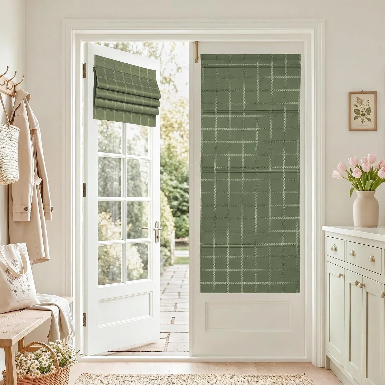 Sage green plaid Roman shades on a glass patio door in a bright farmhouse entryway