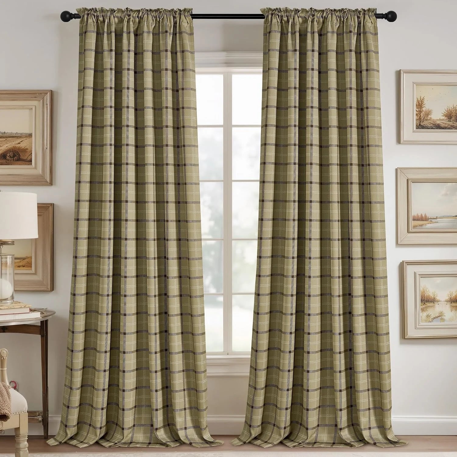 Sage green plaid curtains on a black rod in a cozy traditional living room
