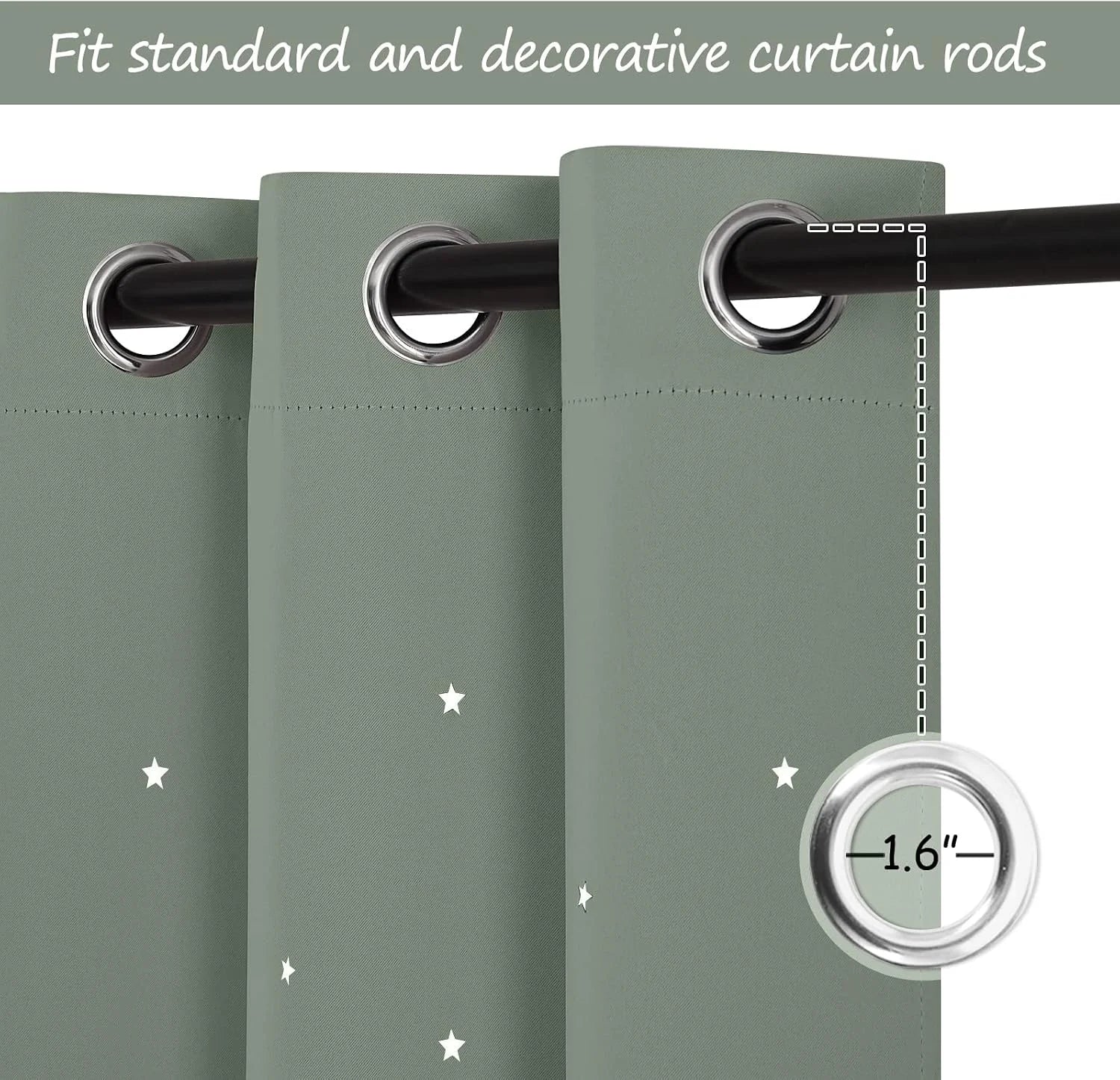 Sage green star-print blackout curtain with silver grommets on a black curtain rod