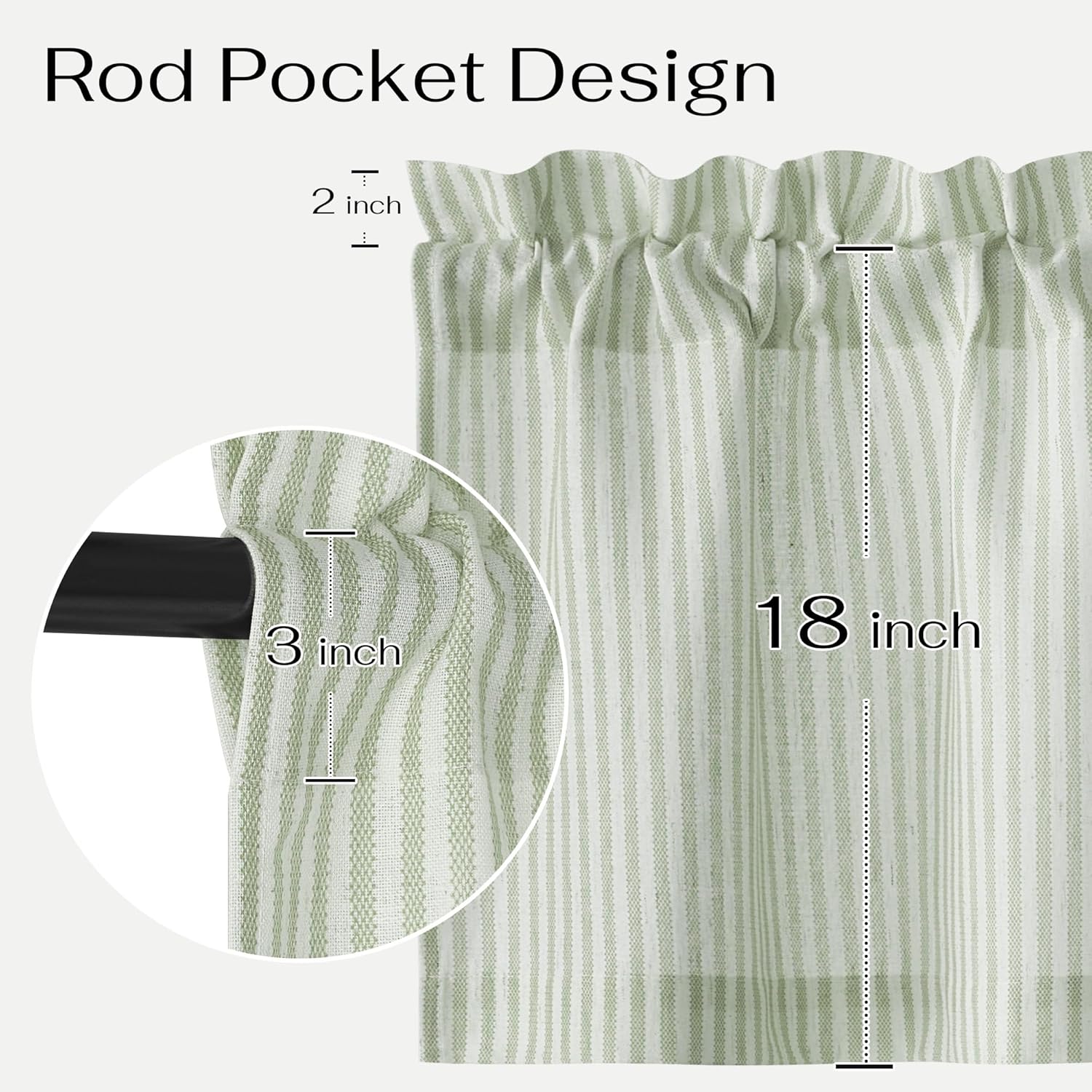 Sage green and white striped rod pocket valance, 18 inches long, with a 3-inch rod pocket and 2-inch ruffle.