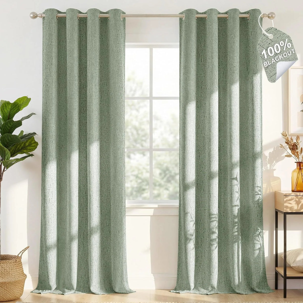Sage green textured blackout curtains with grommet top hanging in a bright room
