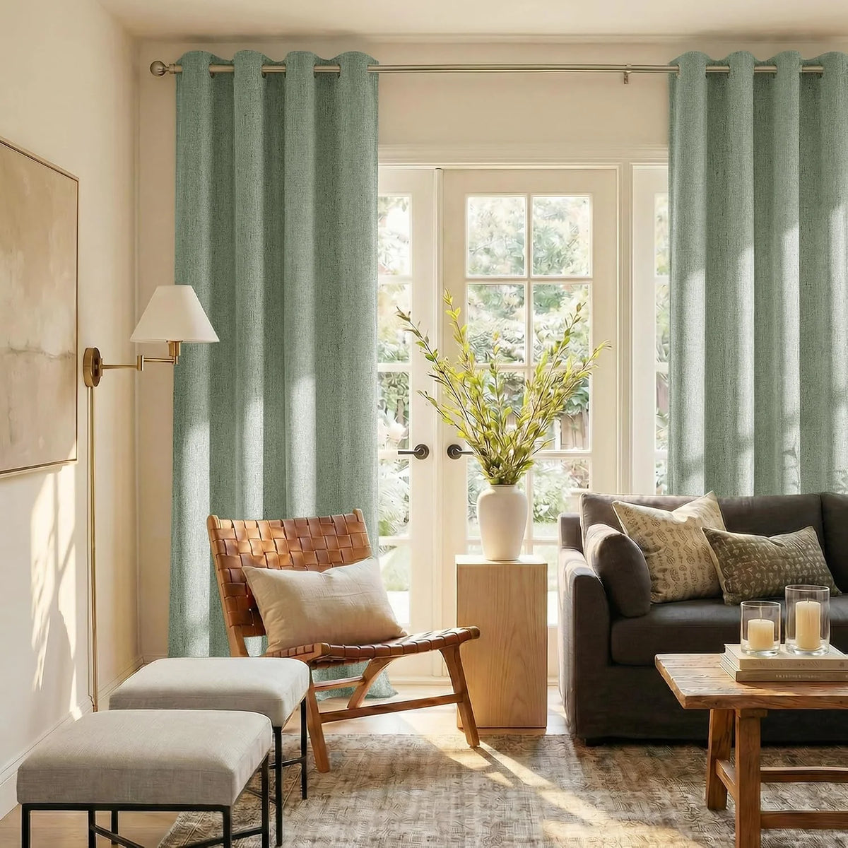 Sage textured grommet curtains framing French doors in a warm modern living room