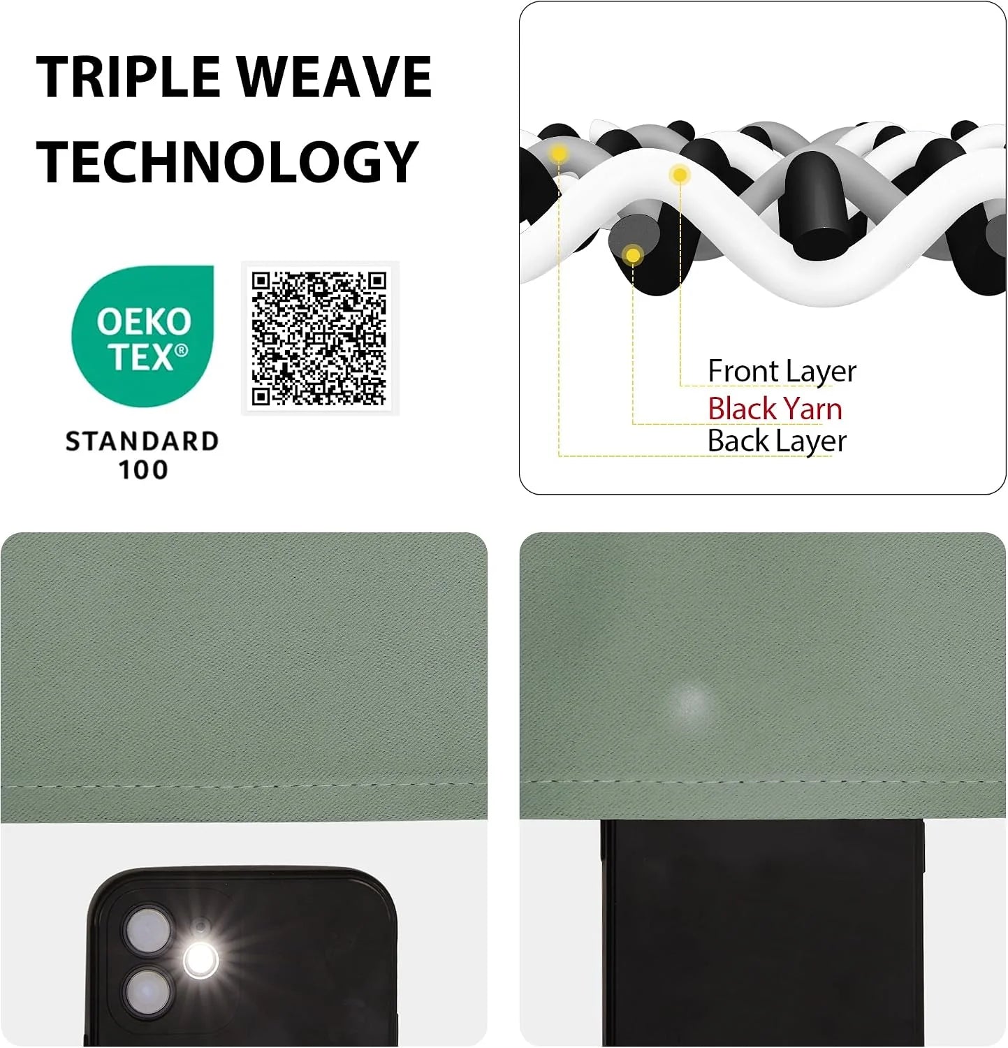 Sage green triple weave blackout blind fabric with OEKO-TEX label and light-blocking demo