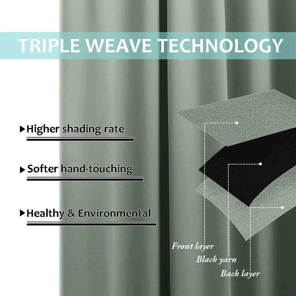 Sage green blackout curtain graphic showing triple weave layers and soft fabric texture