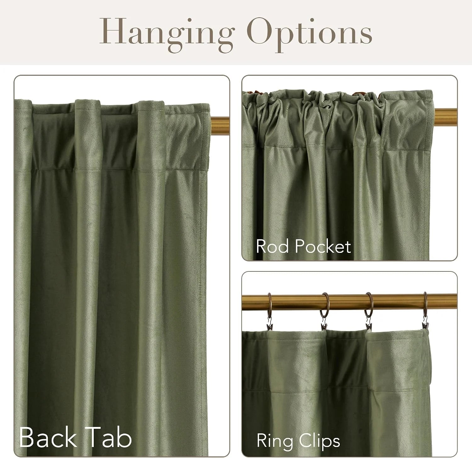 Sage green velvet curtain panel shown with back tab, rod pocket, and ring clip hanging styles