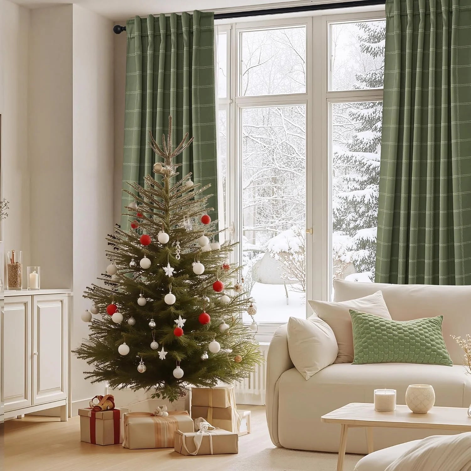Sage green windowpane curtains in a bright living room with Christmas tree