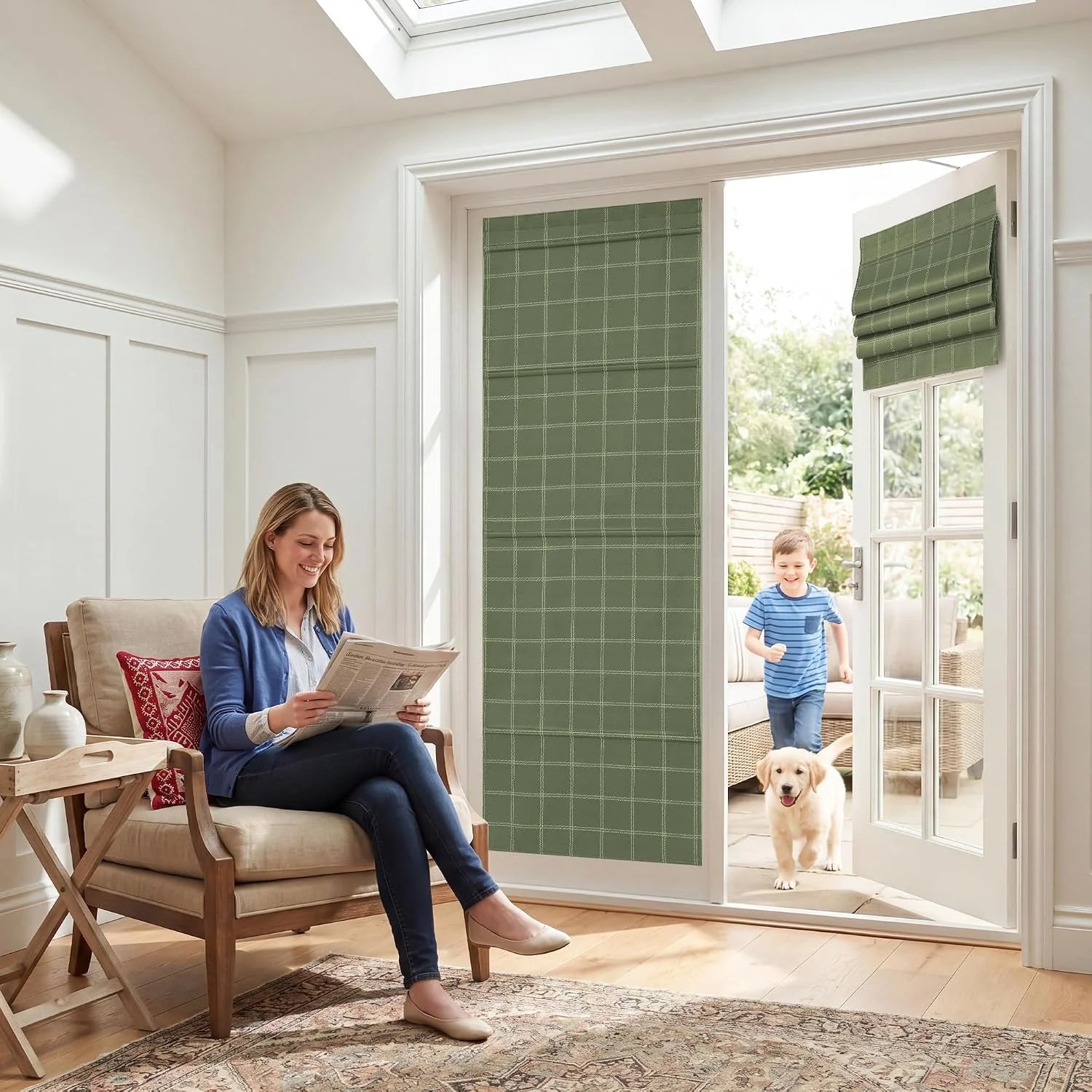 Sage green windowpane Roman shades on patio doors in a bright modern living room