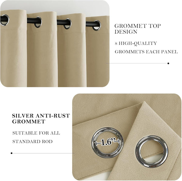Sand beige textured curtain panels with silver anti-rust grommet tops, suitable for standard rods.