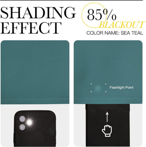 Detailed view of sea teal fabric highlighting 85% blackout shading effect, with a flashlight beam showing reduced light penetration.
