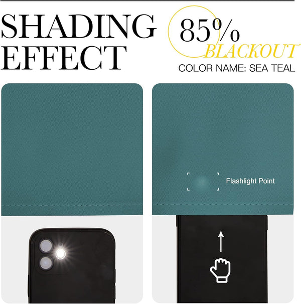 Detailed view of sea teal fabric highlighting 85% blackout shading effect, with a flashlight beam showing reduced light penetration.