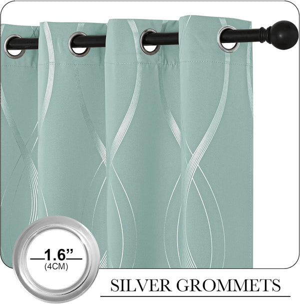 Seafoam green fabric curtains with sparkling silver wave pattern and 1.6 inch silver grommets.