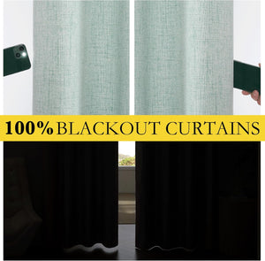 Textured seafoam green 100% blackout curtains. Flashlight test shows zero light, effectively darkens a room.