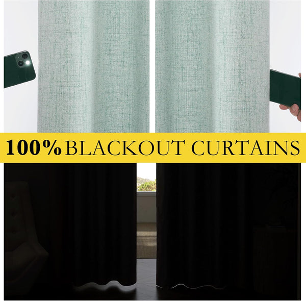 Textured seafoam green 100% blackout curtains. Flashlight test shows zero light, effectively darkens a room.