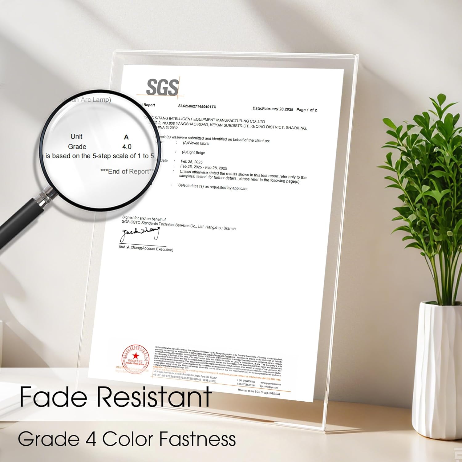 SGS test report in acrylic stand with magnified Grade 4 color fastness and fade resistance.