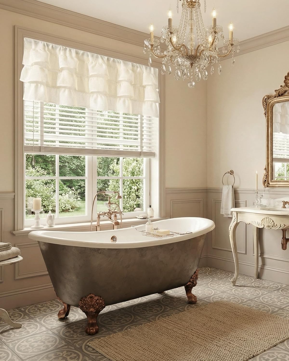 Cream tiered ruffled valance hangs over window in a luxurious vintage bathroom with clawfoot tub.
