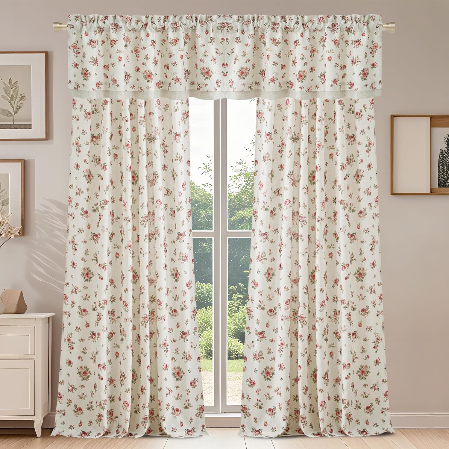Shabby chic cream rod pocket curtains with pink rose floral print and matching valance.