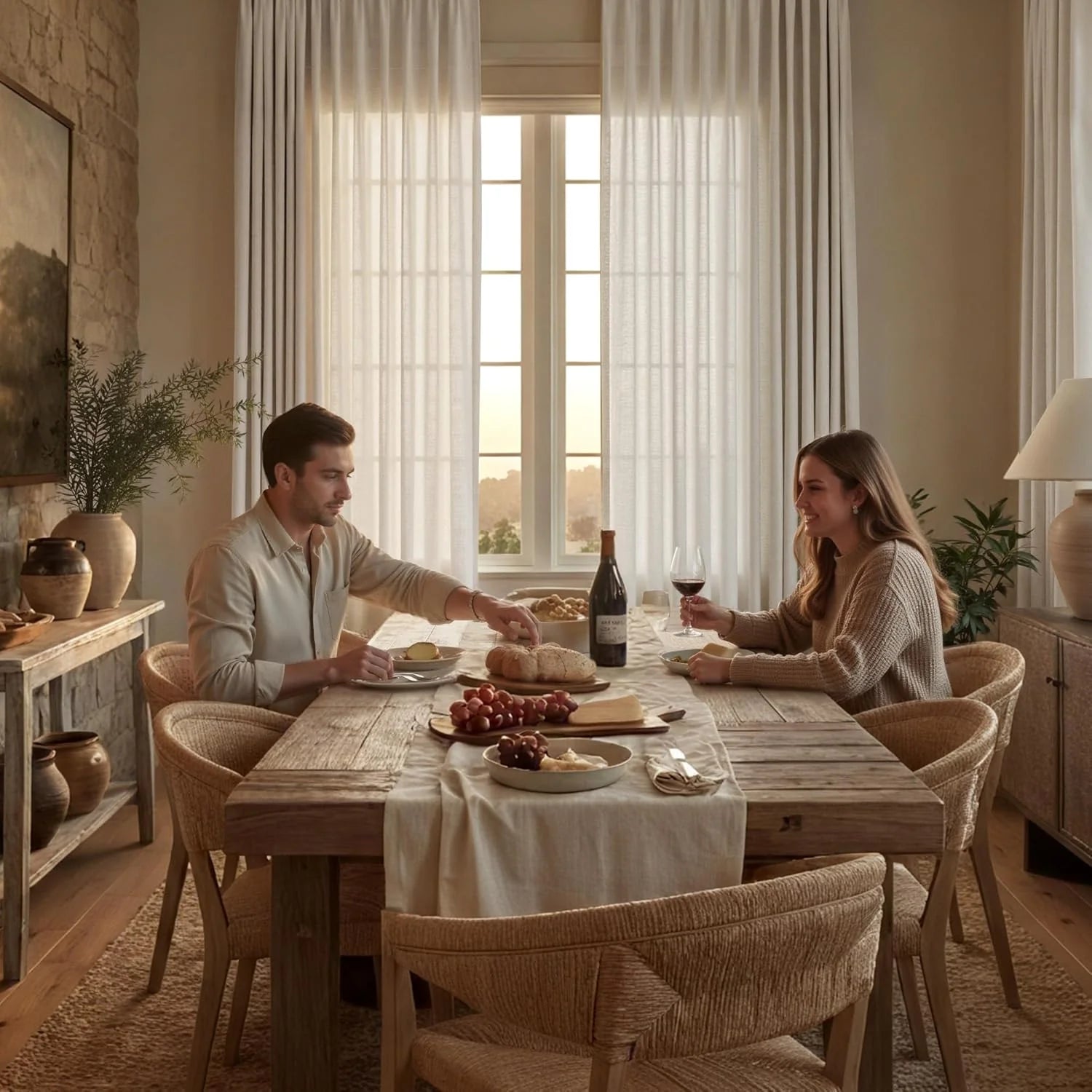 Couple sharing a rustic dinner at a wooden table in a dining room with sheer white curtains