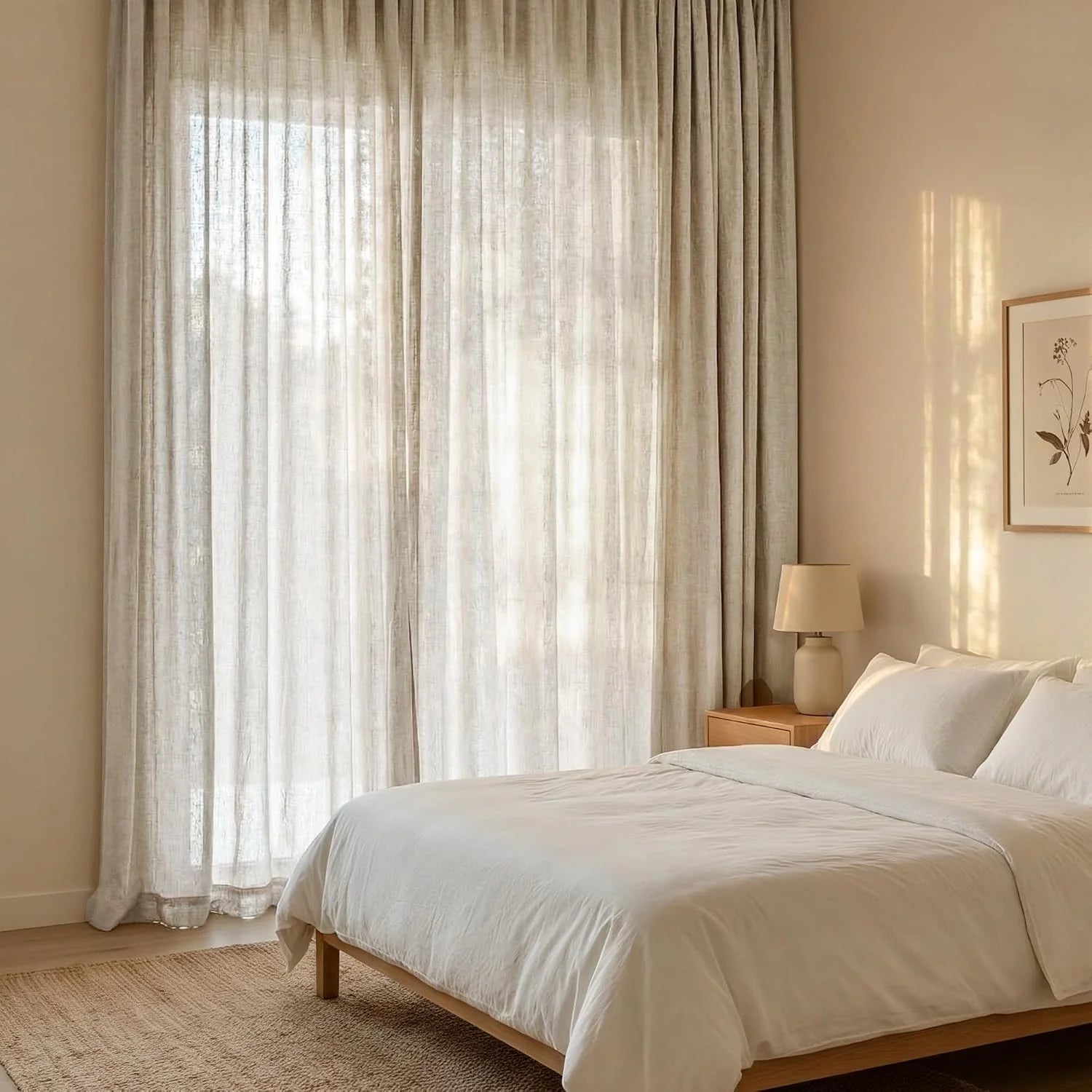 A serene minimalist bedroom featuring light-filtering sheer linen curtains, a white bed, and a wooden nightstand with a lamp.