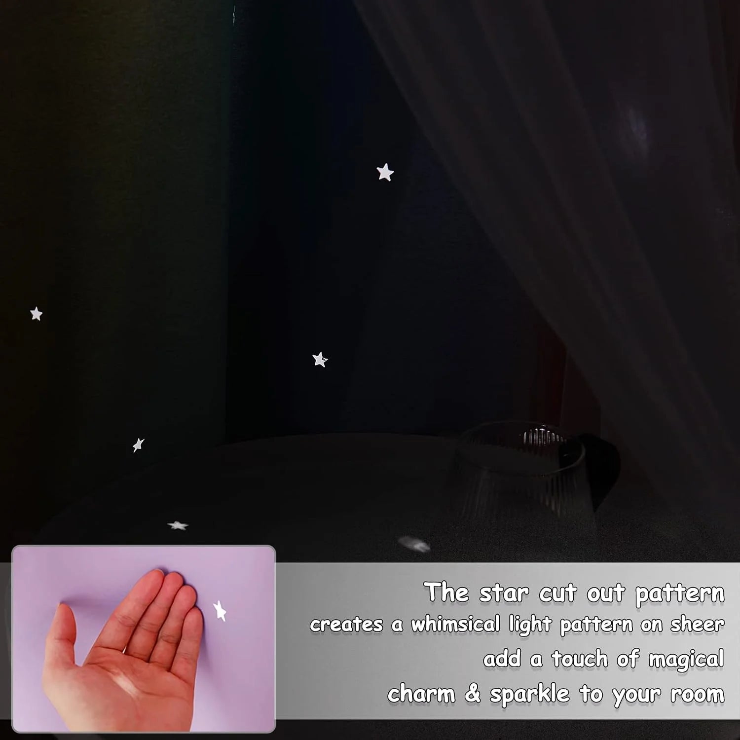 Sheer curtain with star cutout pattern casting tiny light stars in a dark room