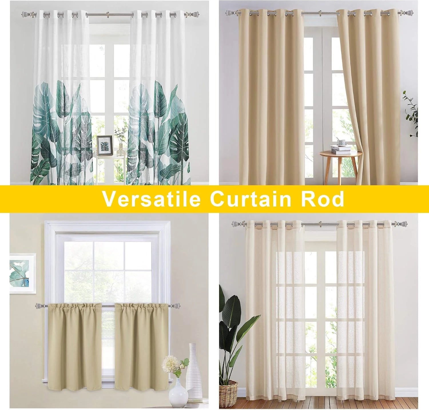 Collage showing a silver curtain rod with sheer, blackout, and cafe curtains on windows