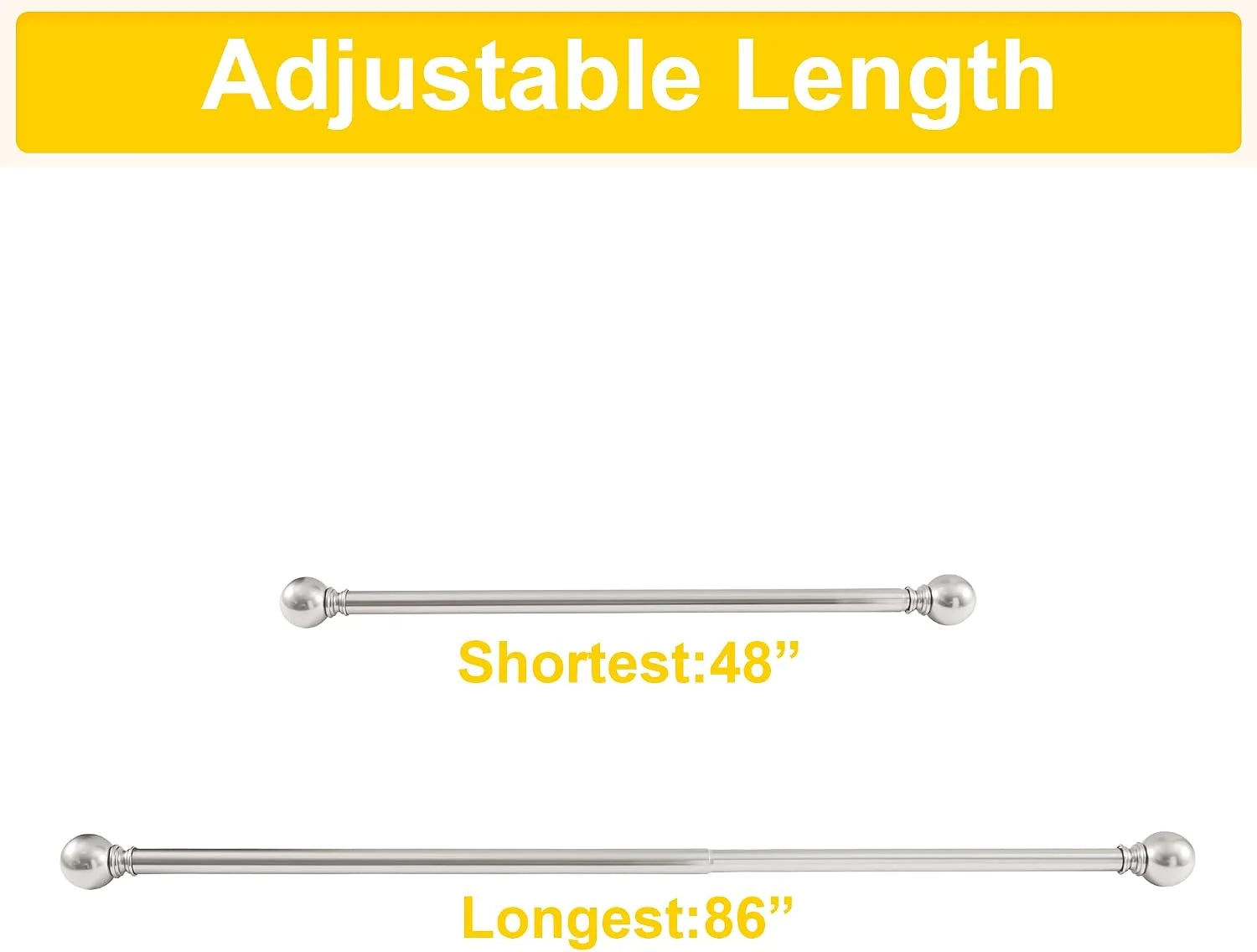 Silver adjustable metal curtain rod with ball finials, shown from 48 to 86 inches