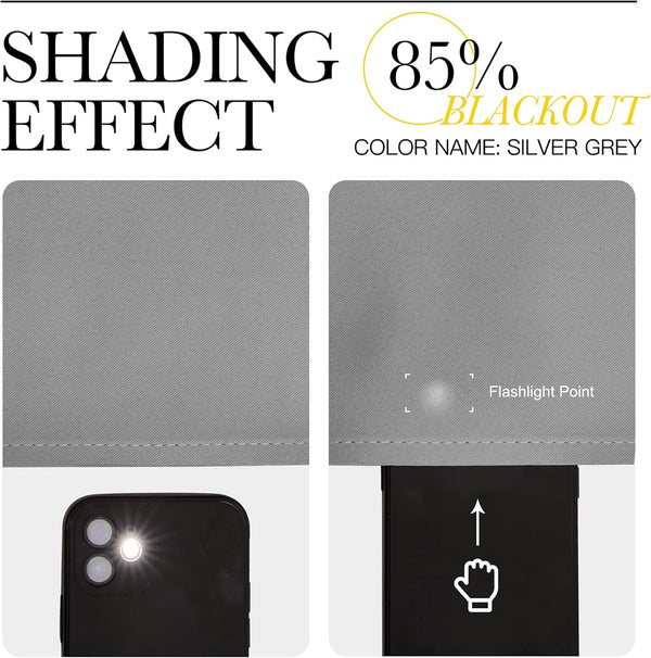 Silver grey 85% blackout fabric demonstrating its light-blocking capability with a visible flashlight test.