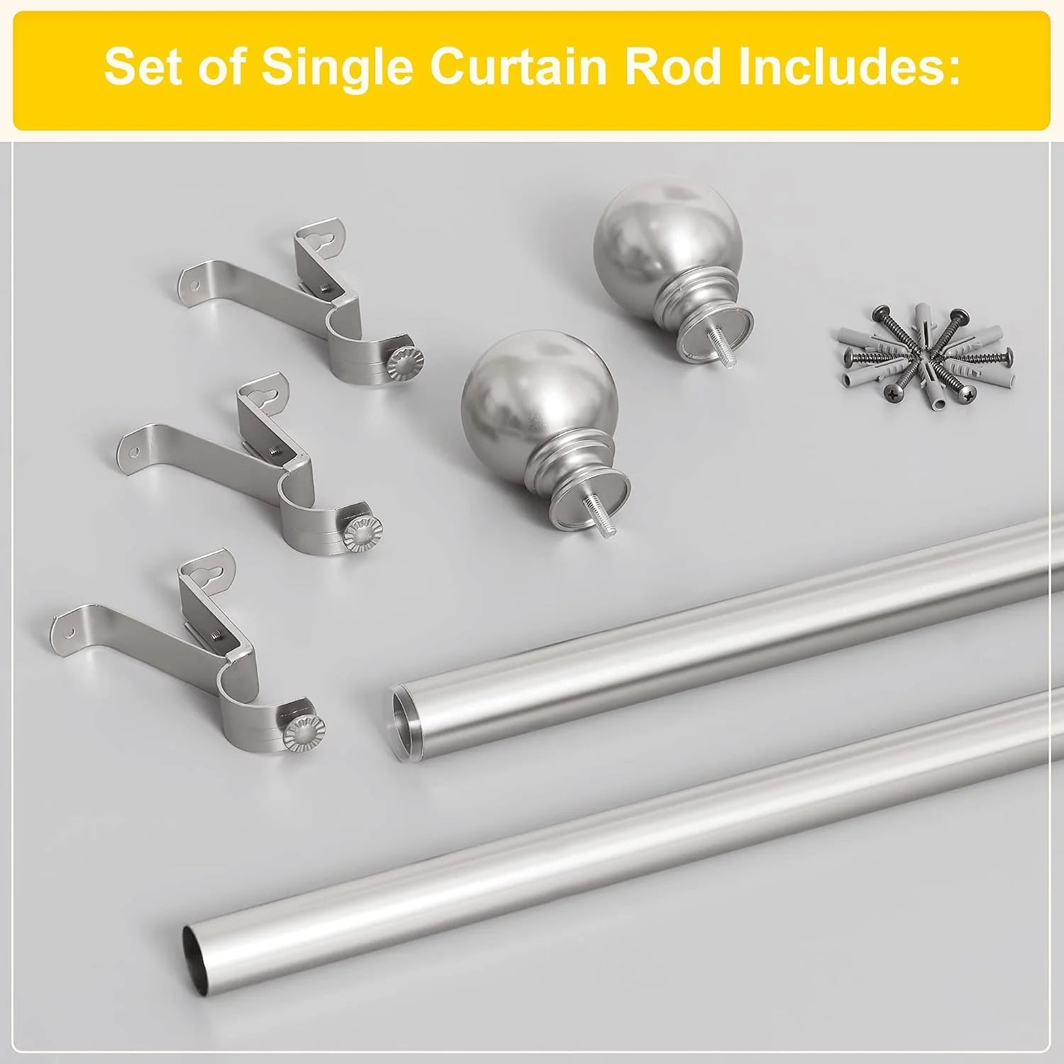 Silver single curtain rod set with brackets, finials, screws, and wall anchors