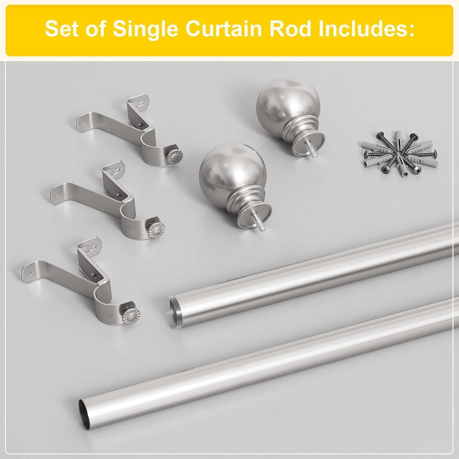 Silver single curtain rod set with brackets, finials, screws, and wall anchors