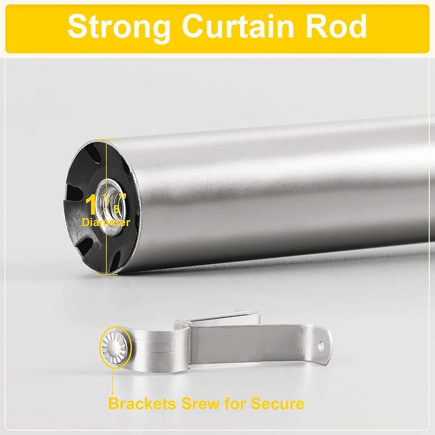 Silver metal curtain rod with secure mounting bracket and 1 1/8 inch diameter