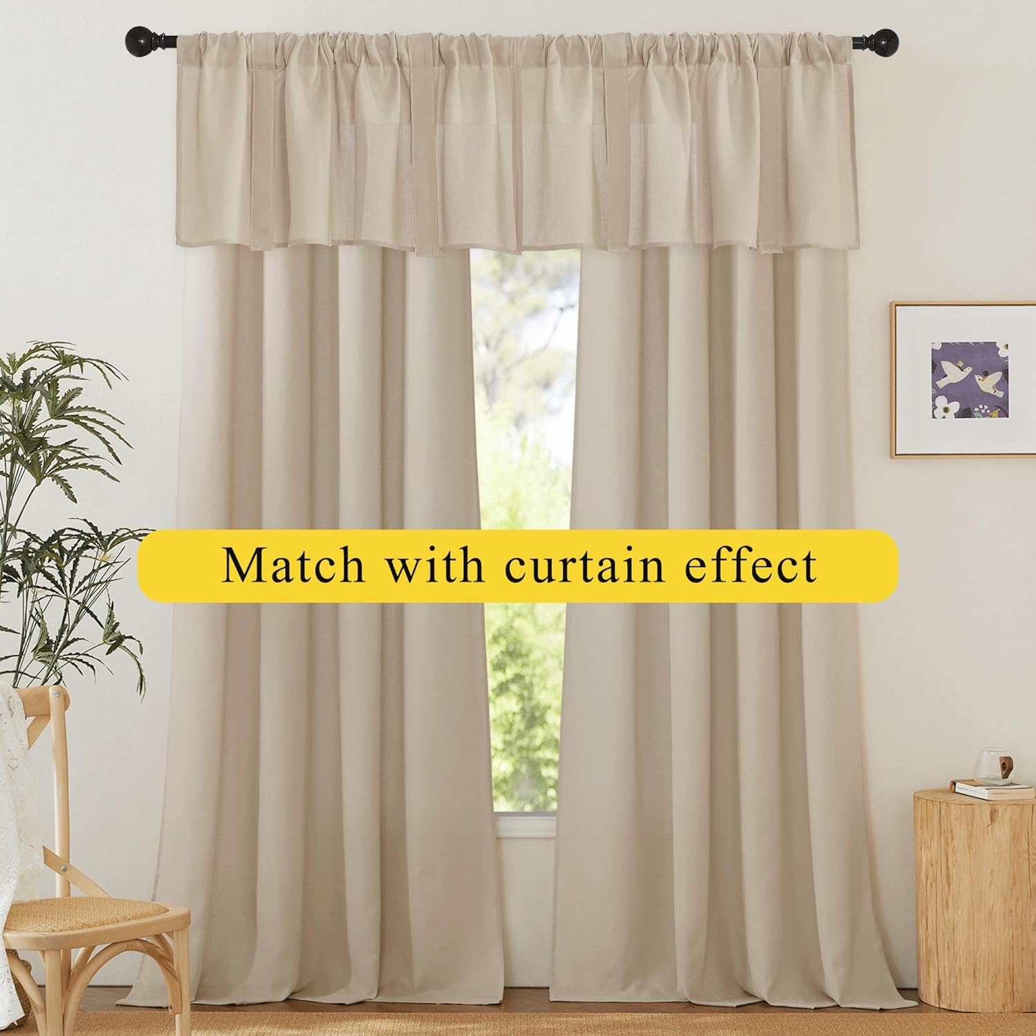 Light beige gathered rod pocket valance hanging over a window, paired with matching full-length drapes.