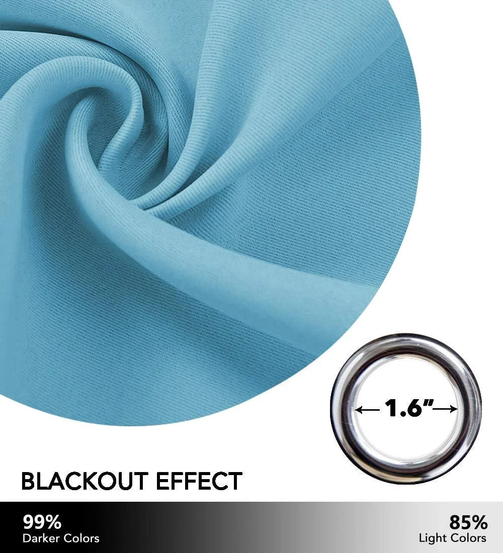 Sky blue blackout curtain fabric swirl with silver grommet ring and light-blocking details