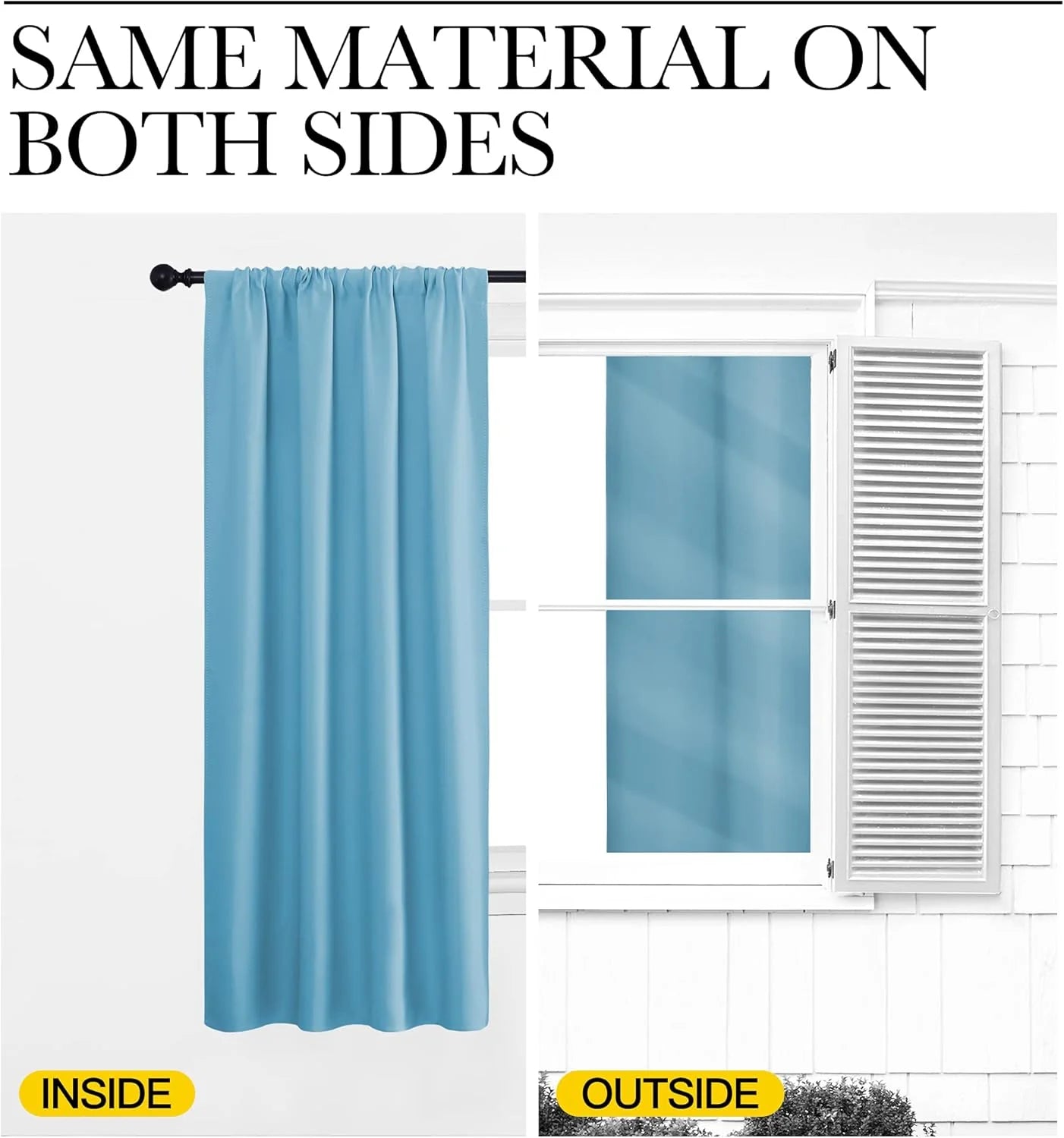 Sky blue curtain panel shown inside and outside, with the same material on both sides