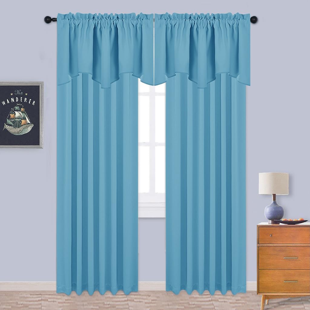 Pair of vibrant sky blue curtain panels with a gathered rod pocket top and attached scalloped valance.