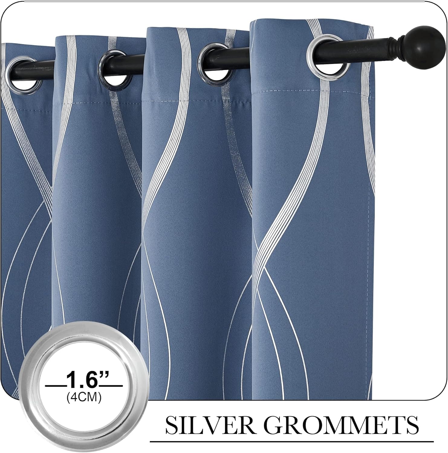 Slate blue curtains with white abstract wavy line pattern and silver grommet tops on a black rod. Grommets are 1.6 inches.