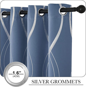 Slate blue curtains with white abstract wavy line pattern and silver grommet tops on a black rod. Grommets are 1.6 inches.