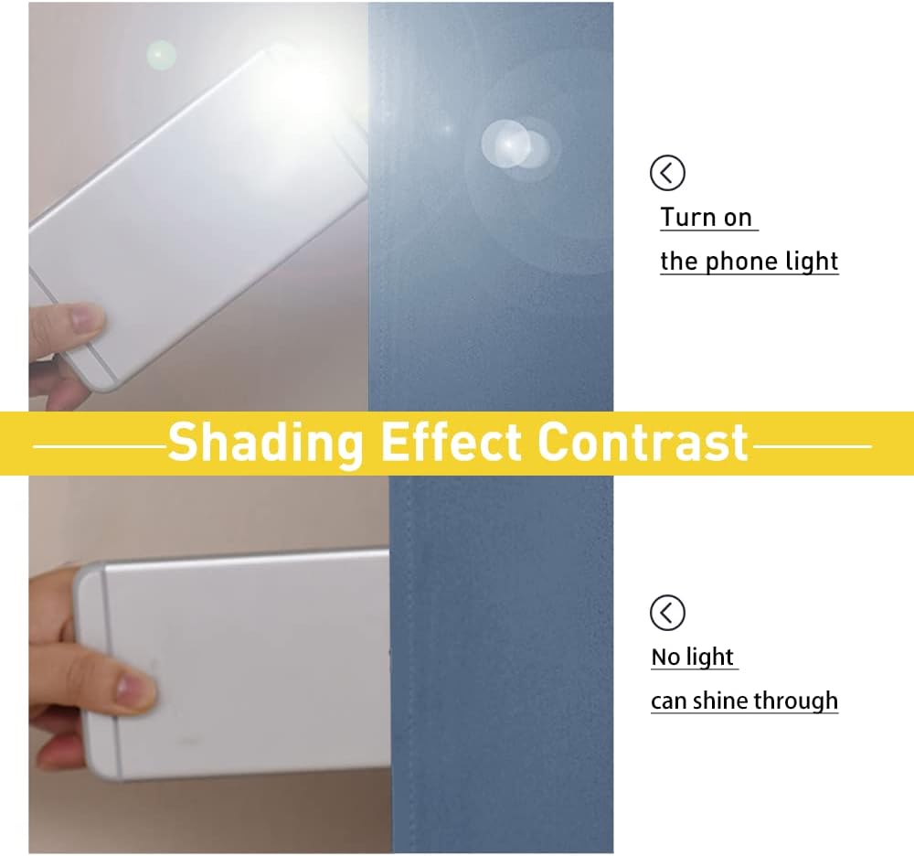 Demonstration of slate blue blackout fabric. Top: phone light on; bottom: no light penetrates.