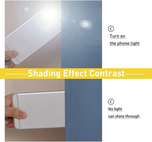 Demonstration of slate blue blackout fabric. Top: phone light on; bottom: no light penetrates.