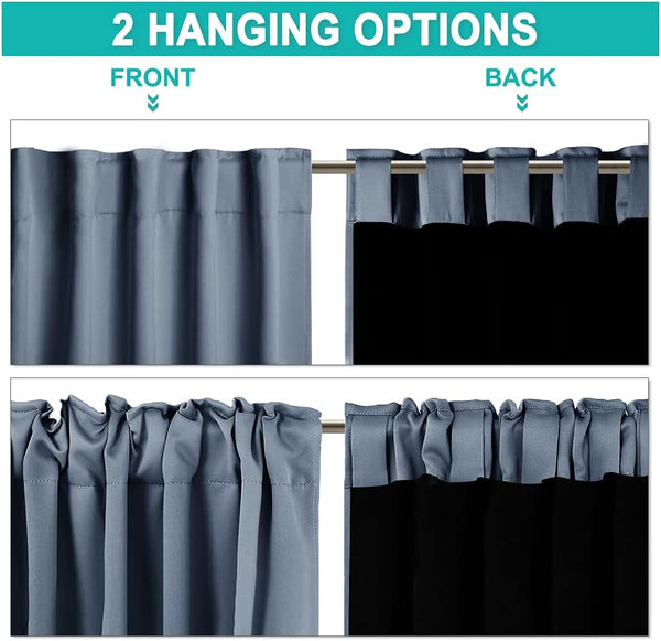 Slate blue blackout curtains with rod pocket and back tab hanging. Blackout lining visible.